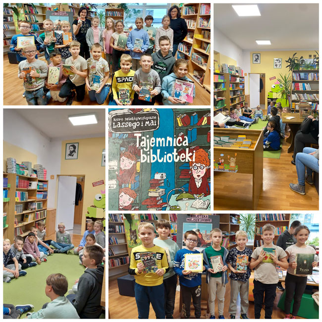 Kolaż zdjęć - uczniowie w bibliotece.