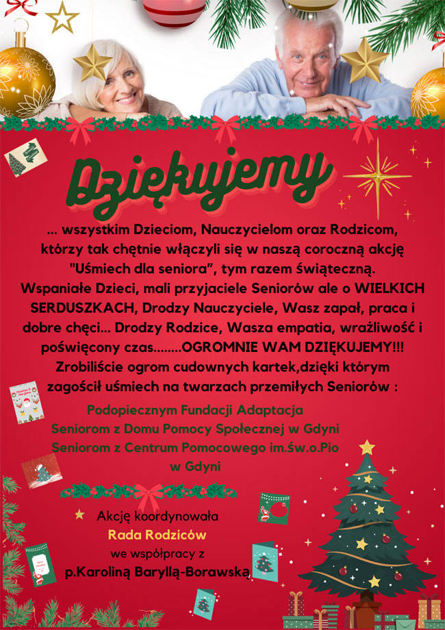 Plakat - czerwone tło, zielone, pomarańczowe i czarne napisy, grafika: złote bombki, złote gwiazdki, kartki bożonarodzeniowe, choinka, prezenty.