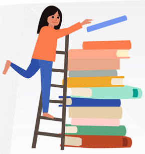 Grafika: kobieta na drabinie, stos książek.