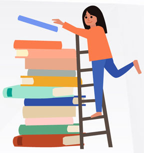 Grafika: kobieta, drabina, książki.