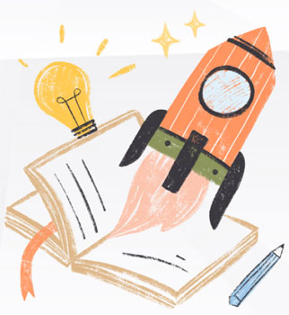 Grafika: rakieta, otwarta książka, żarówka, ołówek, 2 gwiazdki.