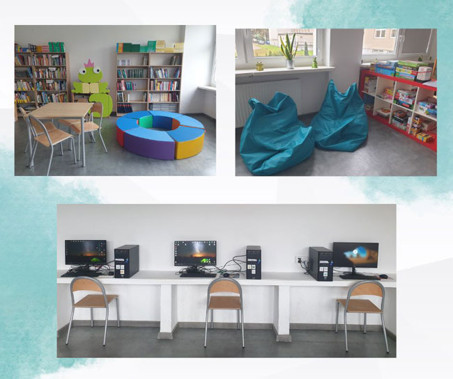 Kolaż zdjęć - regały z książkami, stanowiska komputerowe.