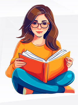 Grafika: Siedząca kobieta trzymajaca książkę.