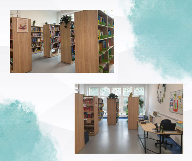 Kolaż zdjęć - biblioteka szkolna.