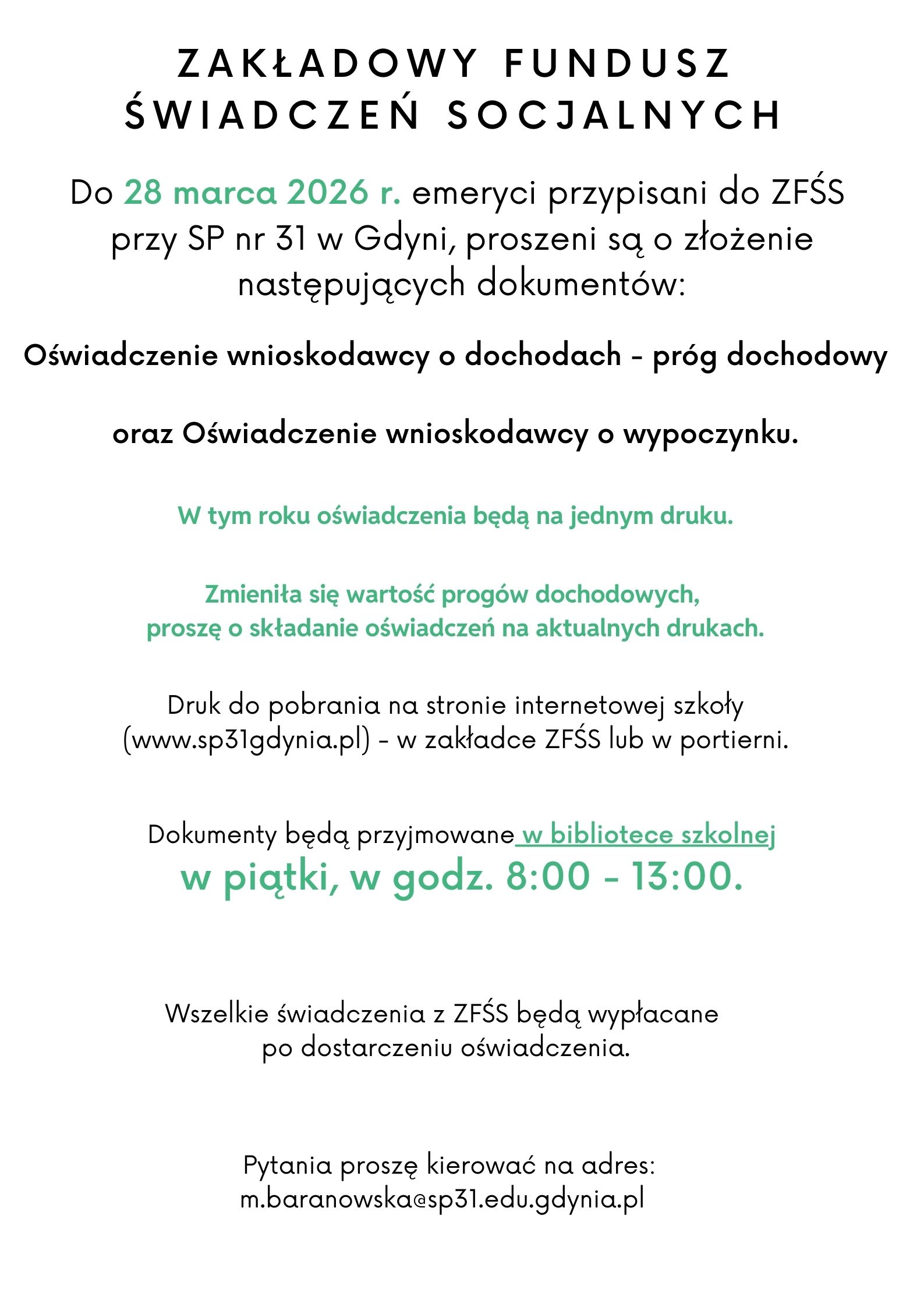 Plakat - białe tło, czarne napisy - informacja dla emerytów.